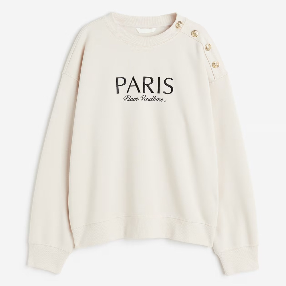 PARIS H & M sweatshirt soft cream black letters gold buttons sz M